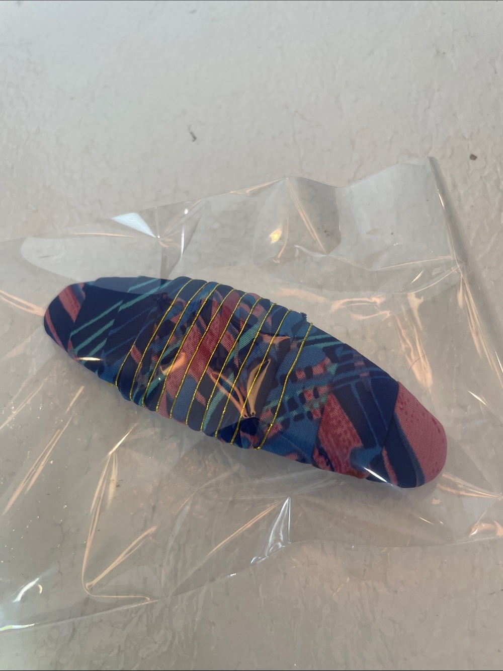 Vintage 80s Japanese abstract fabric wrapped Hair Barrette blue pink gold nwots